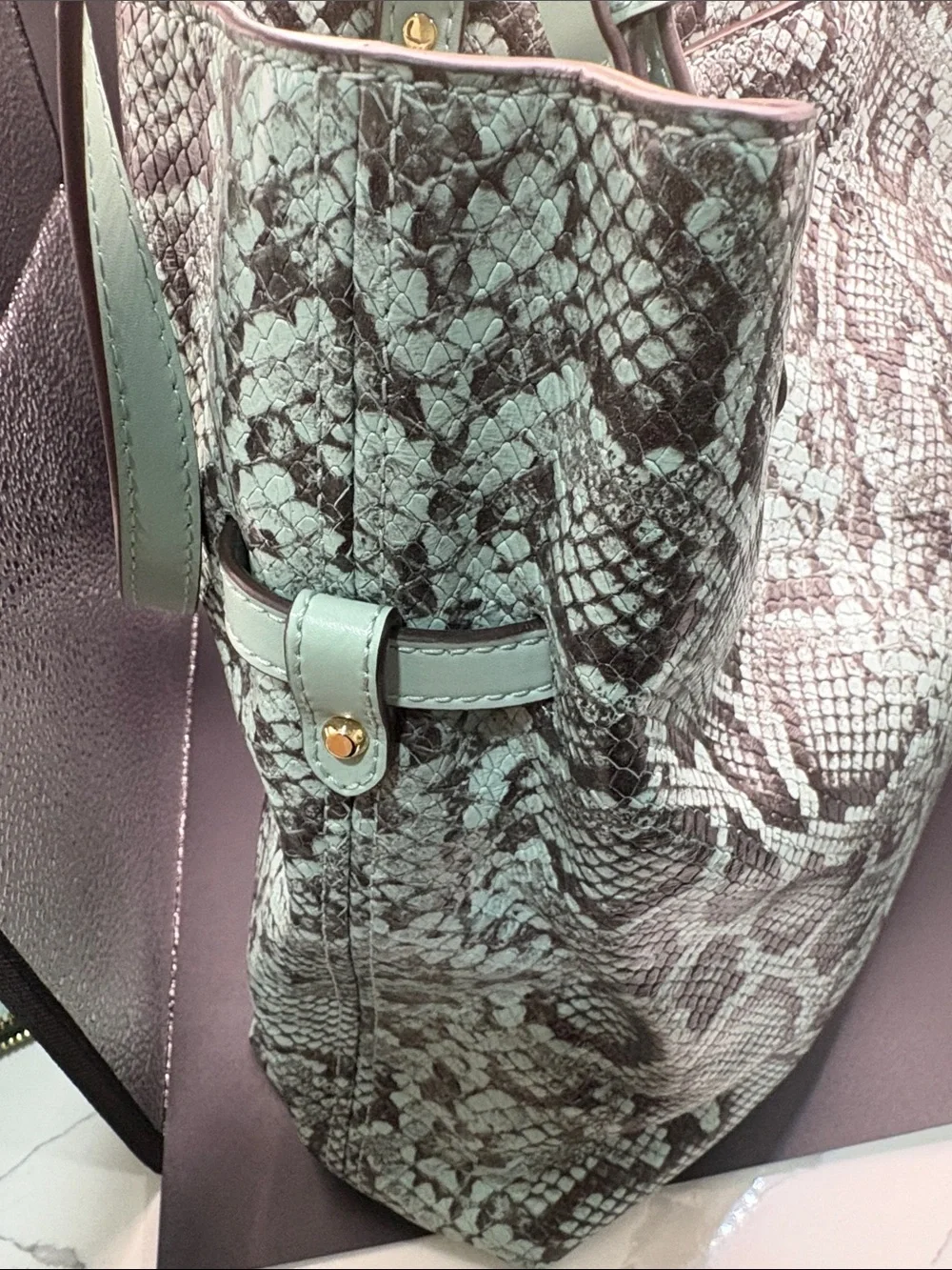 Michael Kors Mint Snake-Print Tote with Matching Wristlet and White Sneakers